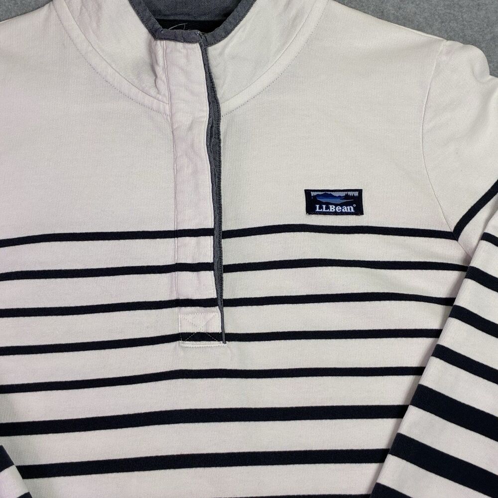 Men’s Large L.L. Bean Striped Quarter Zip Pullover Navy Cream Cotton - Picture 2 of 8